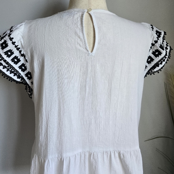 LOFT White Black Linen Blend Embroidered Peplum Flutter Sleeve Shirt SZ Large - Picture 8 of 12